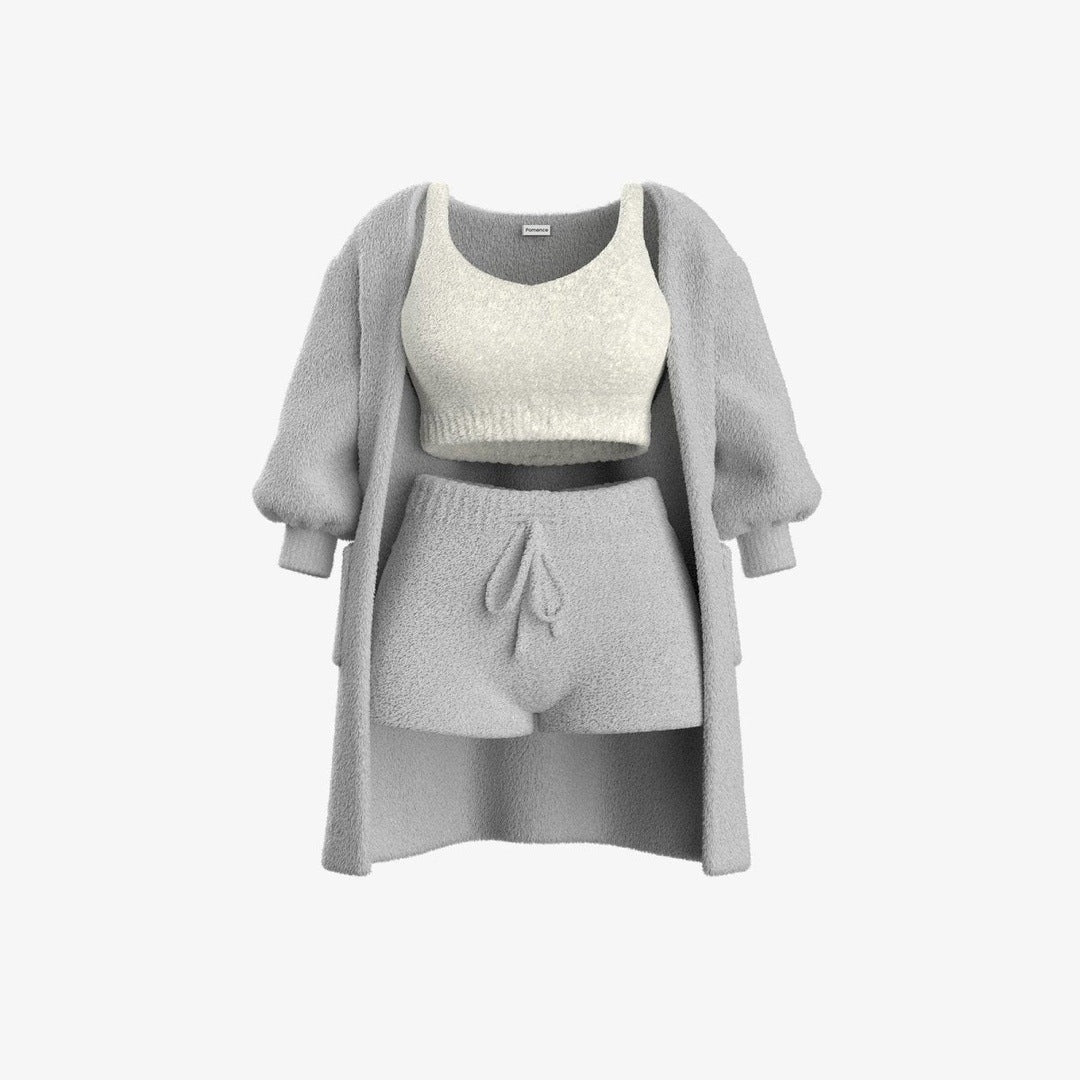 The listing photo of the Gray 3 Piece Set: cardigan, crop tank and shorts, with the ivory crop tank.