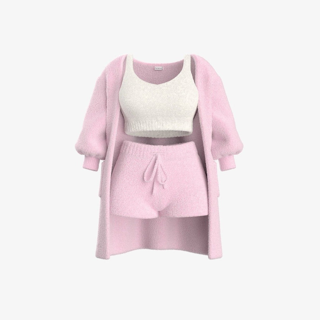 The listing photo of the Pink 3 Piece Set: cardigan, crop tank and shorts, with the ivory crop tank.