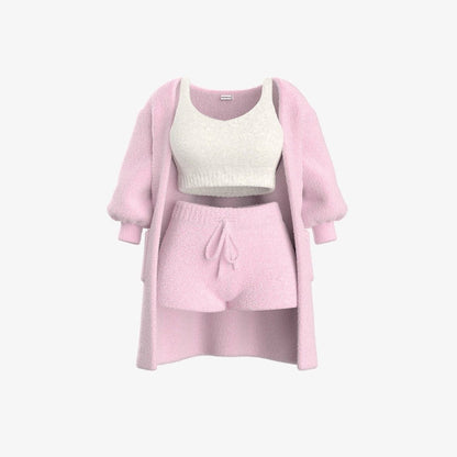 The listing photo of the Pink 3 Piece Set: cardigan, crop tank and shorts, with the ivory crop tank.
