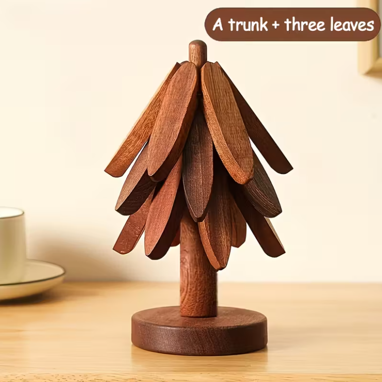 Wooden Tree-Design Heat-Resistant Coaster Set (3 or 4 Leaves)