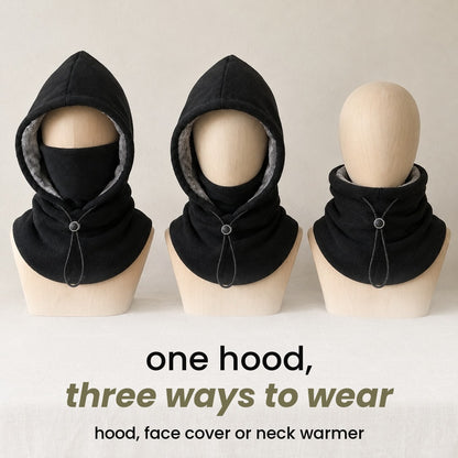 one hood, three ways to wear: hood, face cover or neck warmer