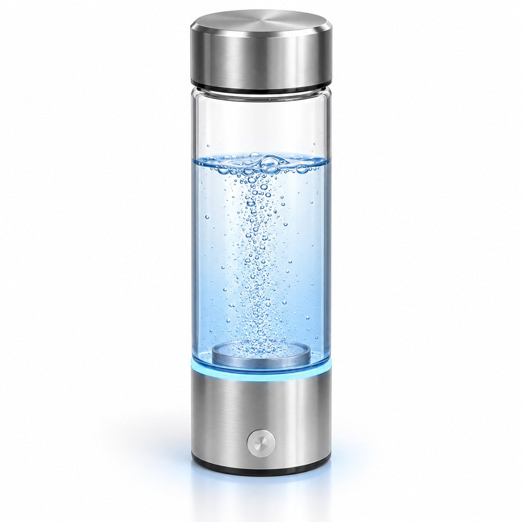 Pomence™ Hydrogen Water Bottle: the bottle alone on white, lit base, fine bubbles
