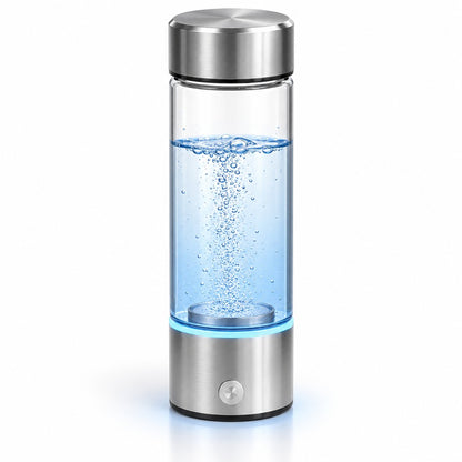 Pomence™ Hydrogen Water Bottle: the bottle alone on white, lit base, fine bubbles