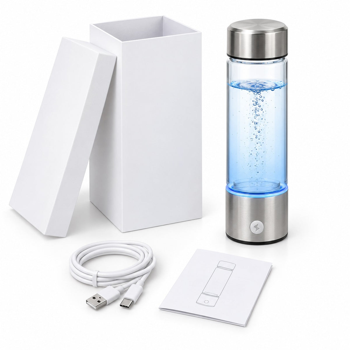 Pomence™ Hydrogen Water Bottle: what's in the box: bottle · plain white box · USB charging cable · folded guide, on white