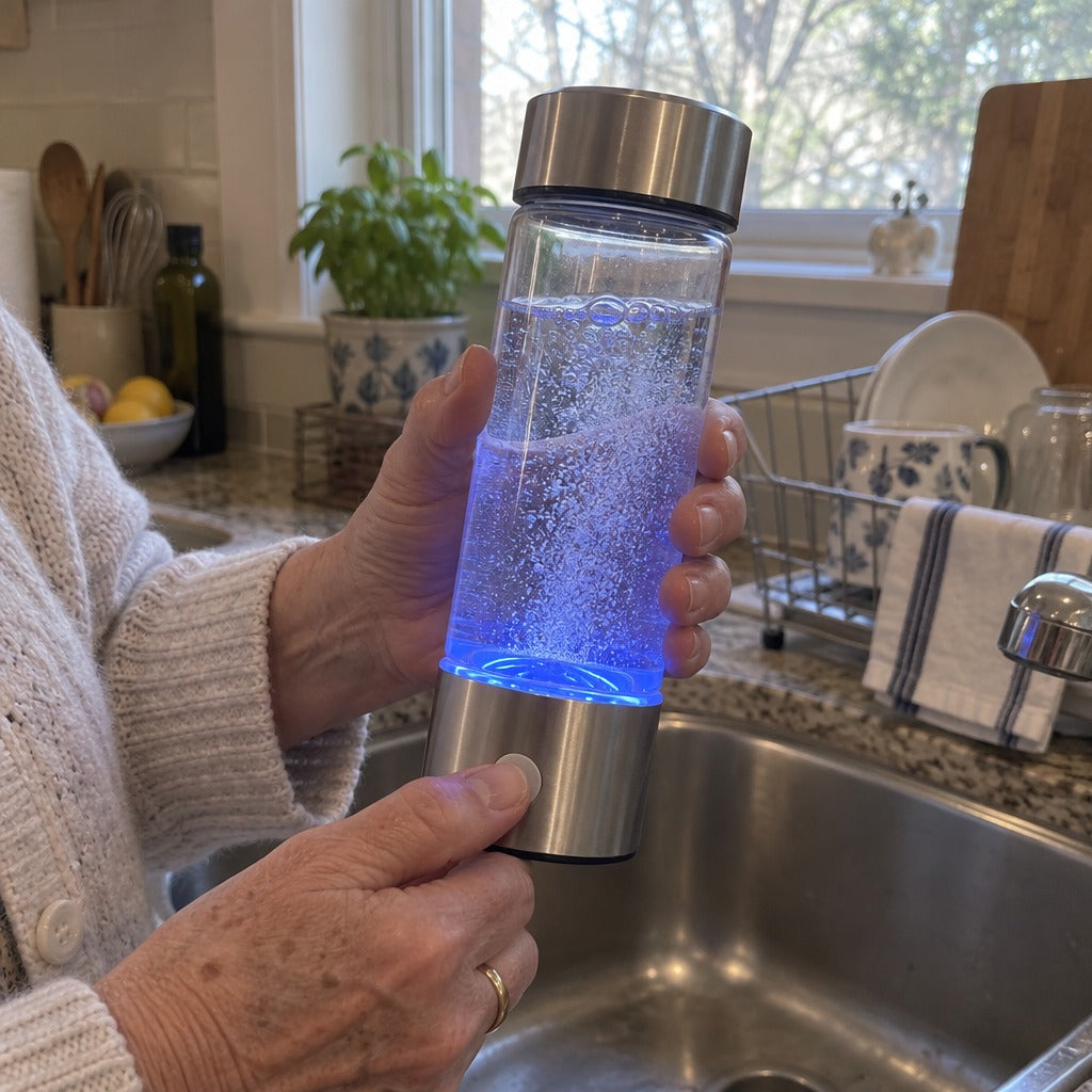 Pomence™ Hydrogen Water Bottle: an older hand holding the glowing bottle at a kitchen sink, bubbles rising