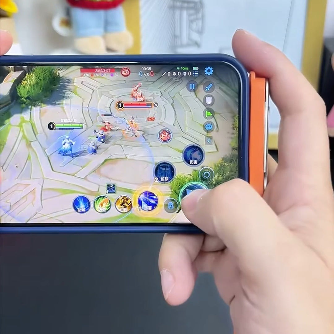 real frame: a hand holding a phone in a blue case sideways mid-game, the orange angled plug seated flat on its short edge