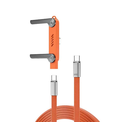 the real orange plug with gray arms out and the coiled orange braided USB-C cable, on white