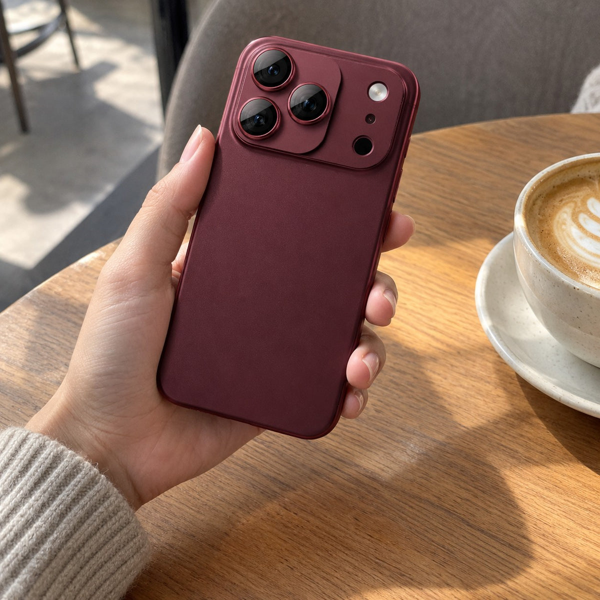 Hero: a hand holds a Burgundy iPhone, cover on the camera, over a sunlit cafe table. Cream, light wood and soft gray around it set off the burgundy.