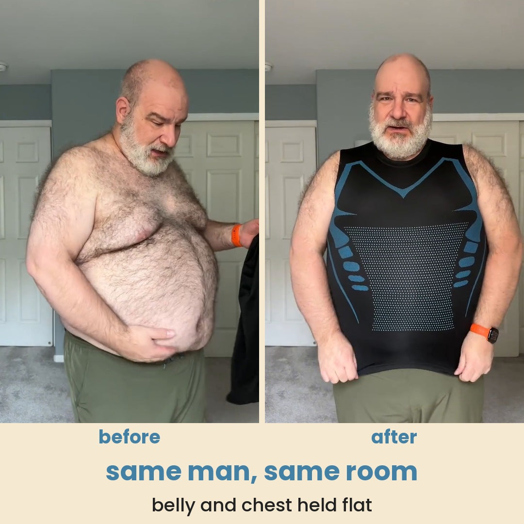same man, same room: belly and chest held flat