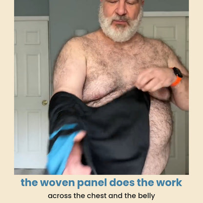 the woven panel does the work: across the chest and the belly
