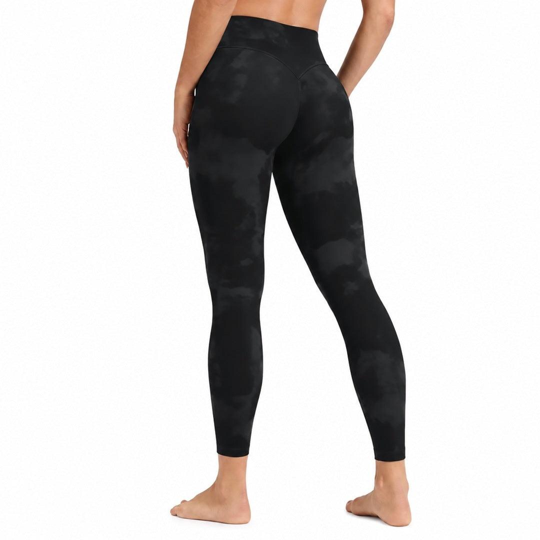 Black Tie Dye Flowers leggings, back three-quarter view