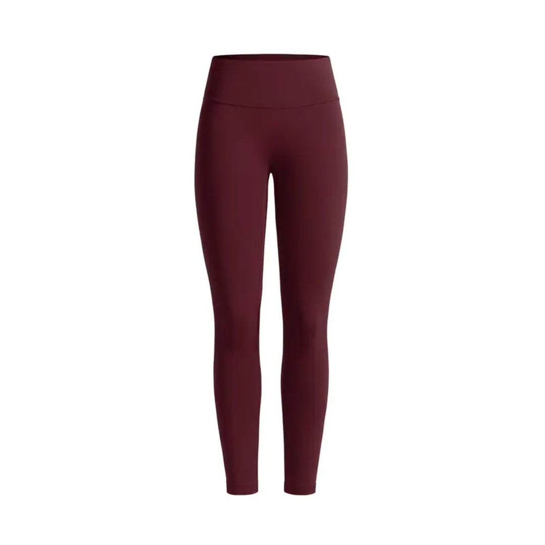 Burgundy Bay leggings, the pair laid flat, front view
