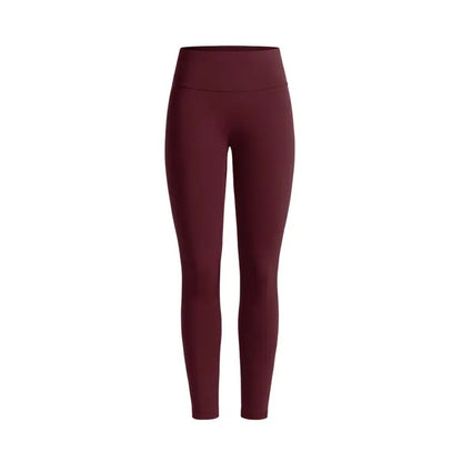 Burgundy Bay leggings, the pair laid flat, front view