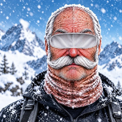 The Grandpa mask worn in falling snow, white handlebar moustache and frown, snowy peaks and blue sky behind.