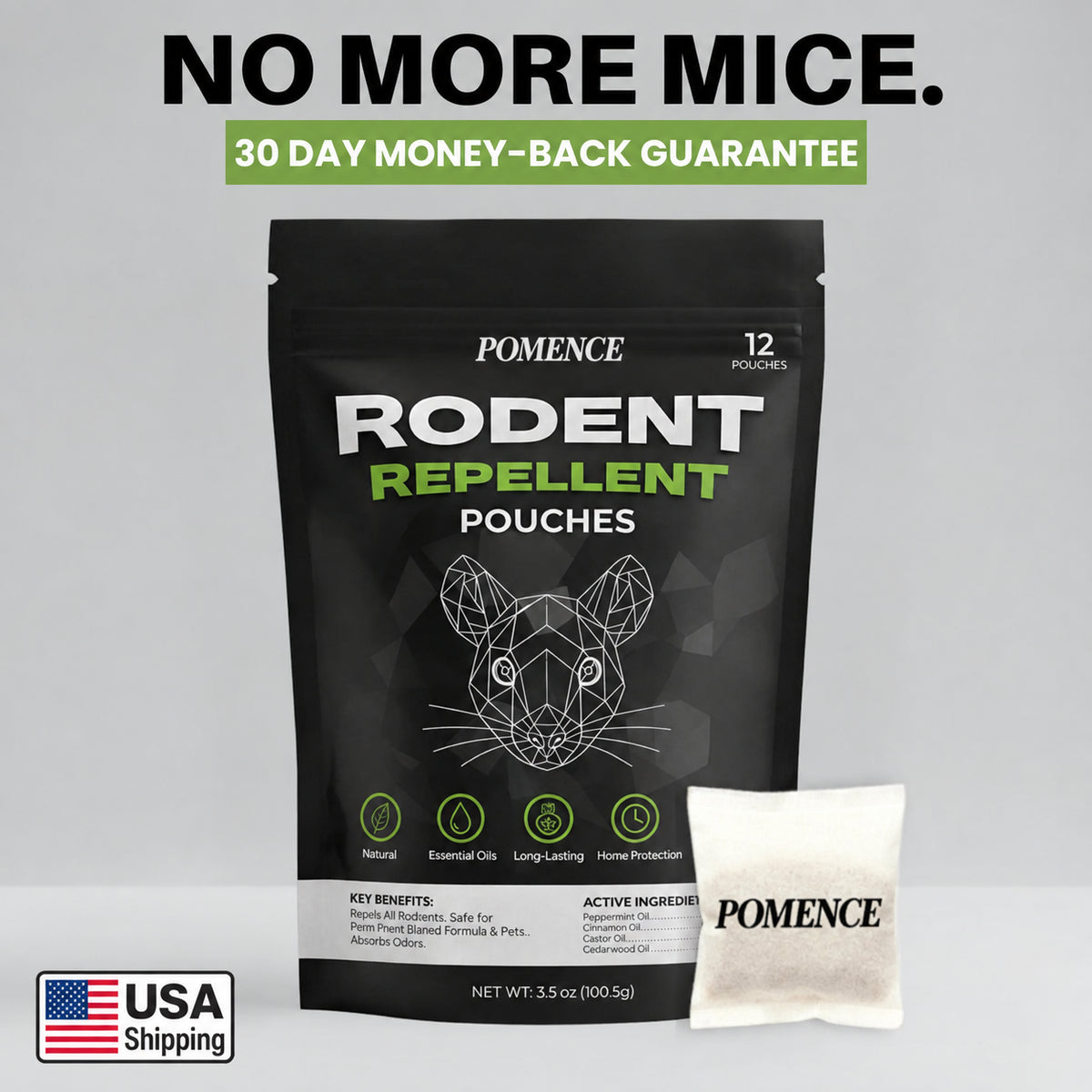 Pomence Rodent Repellent Pouches bag with a white sachet, no more mice, 30 day money-back guarantee