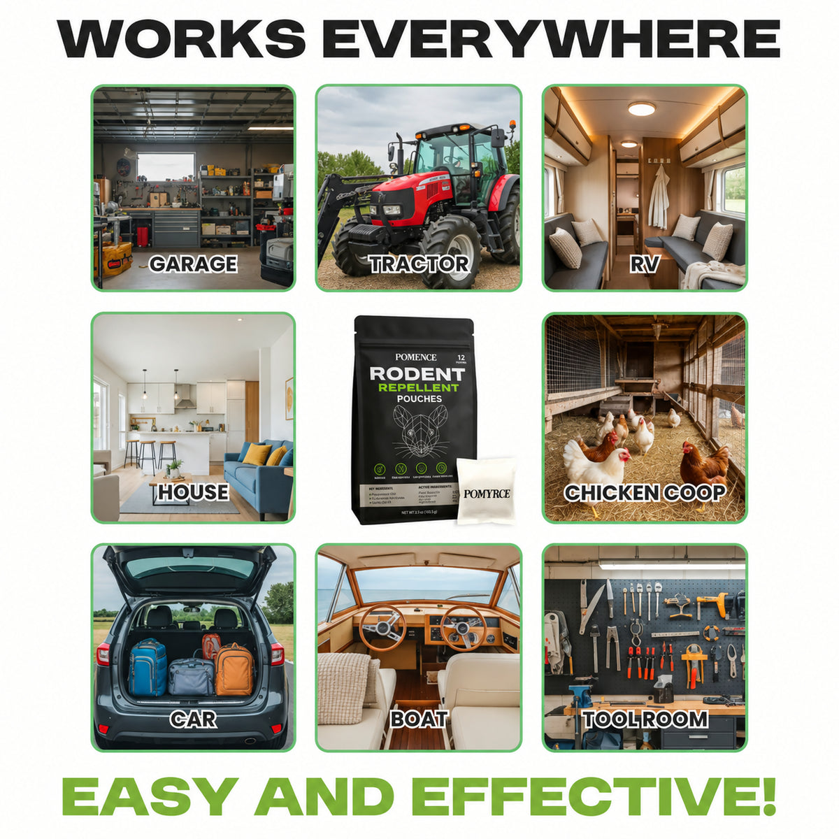 Where Pomence Rodent Repellent Pouches go: garage, tractor, RV, house, chicken coop, car, boat and tool room