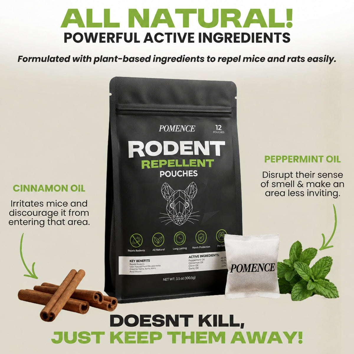 Pomence Rodent Repellent Pouches with cinnamon sticks and peppermint leaves, the plant oils inside