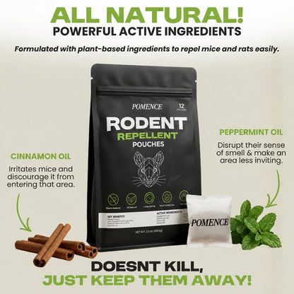 Pomence Rodent Repellent Pouches with cinnamon sticks and peppermint leaves, the plant oils inside