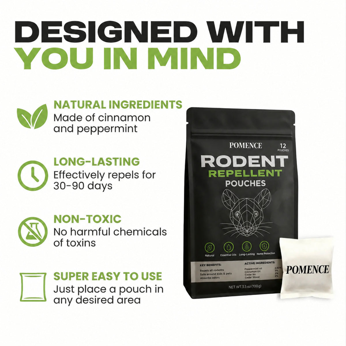 Pomence Rodent Repellent Pouches features: plant oils, long lasting, no harsh chemicals, easy to use