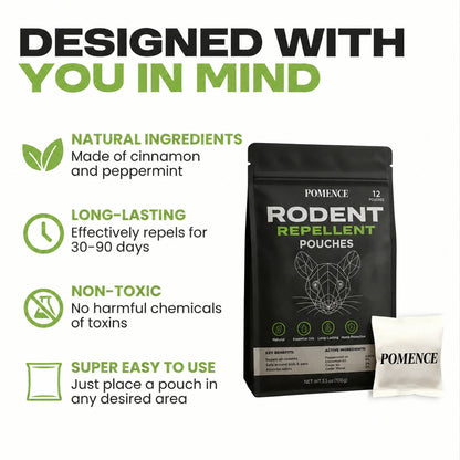 Pomence Rodent Repellent Pouches features: plant oils, long lasting, no harsh chemicals, easy to use