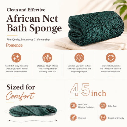 Pomence™ African Exfoliating Net Sponge. Clean and effective African net bath sponge, sized for comfort, 45 inch, with knots, odor-free, colorfast, durable