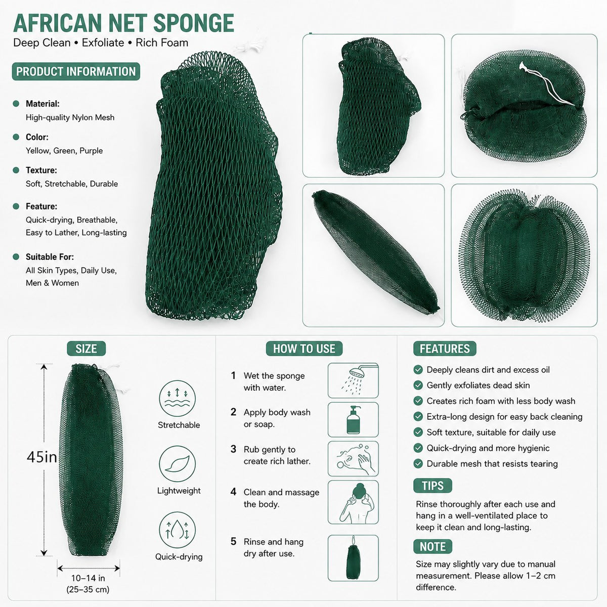 Pomence™ African Exfoliating Net Sponge. Spec sheet: high-quality nylon mesh, 45 in long, 10 to 14 in wide, how to use, features