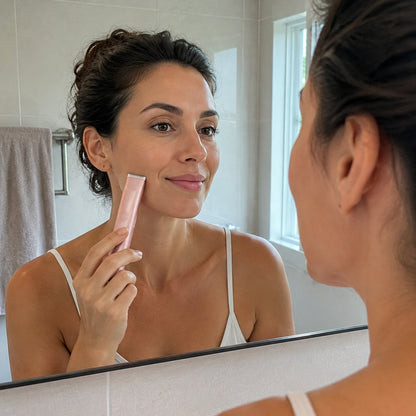 Pomence™ 2-in-1 Bikini Trimmer. Facial head in use for brows, lip, and chin hairs