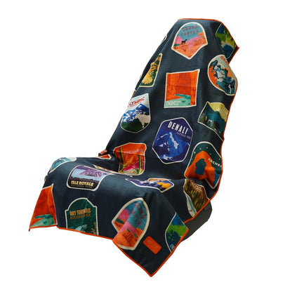 The Pomence Car Seat Cover Towel in National Parks over a car seat