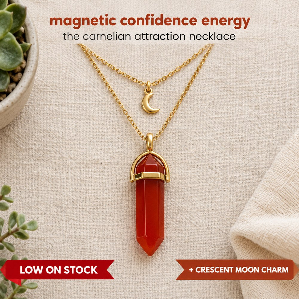 Flat lay of the Pomence Carnelian Attraction Necklace in gold, showing the hexagonal carnelian point and the gold crescent moon charm on its second chain