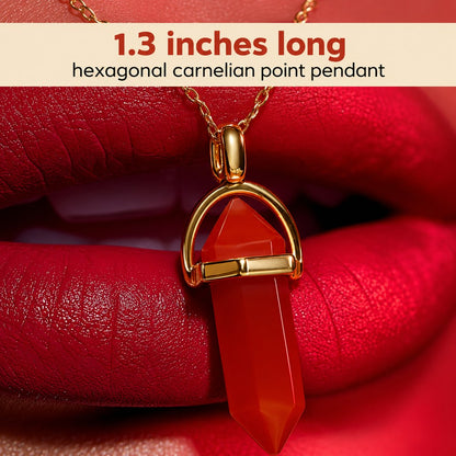 Close up of the 1.3 inch carnelian point of the gold Pomence Carnelian Attraction Necklace in its gold stirrup bail with the cross-bar