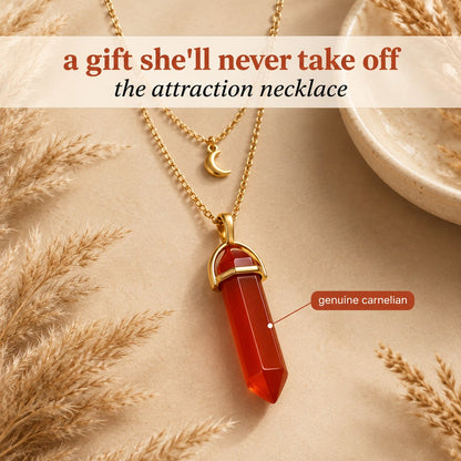The gold Pomence Carnelian Attraction Necklace staged alone, its 17 inch cable chain and crescent moon charm in one frame