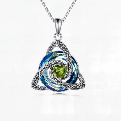 Pomence Birthstone Celtic Knot Necklace with the August Peridot heart cut crystal