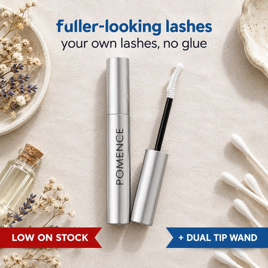 The silver Pomence Eyelash Growth Serum tube and its dual tip wand, fuller-looking lashes