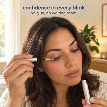 A woman applying Pomence Eyelash Growth Serum at home with the dual tip wand