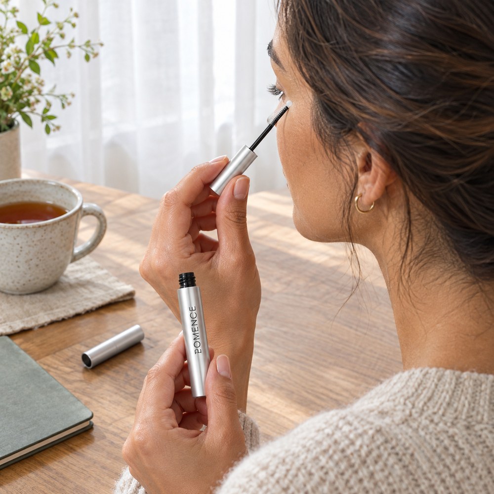 A woman at a table using Pomence Eyelash Growth Serum with the tube and cap beside her