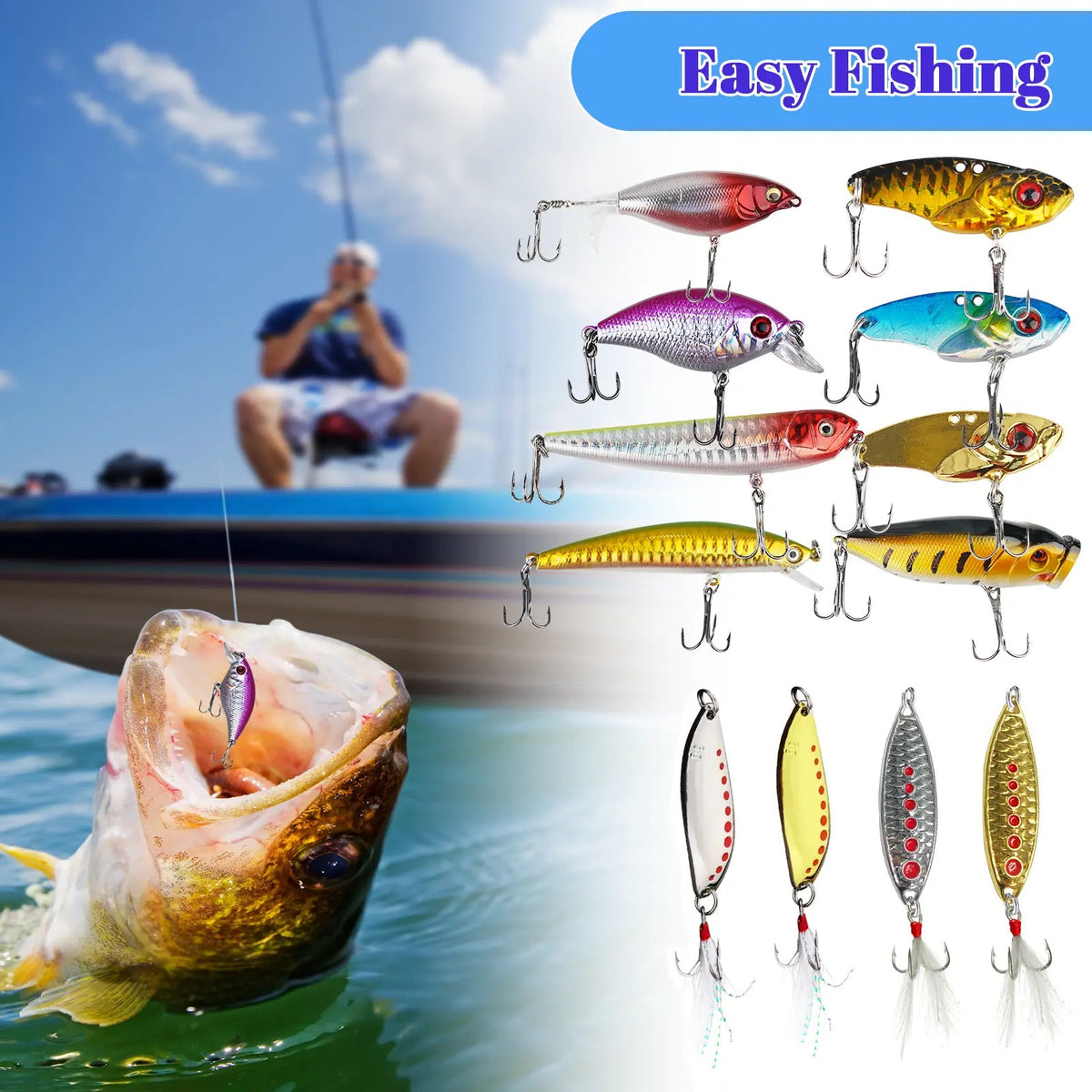 Easy fishing: angler on the water, a lure hooked in a fish, full lure lineup