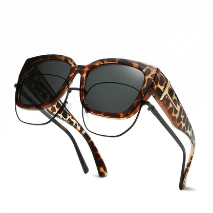 Pomence Fit-Over Sunglasses in the Cheetah colorway, an oversized square frame built to sit over prescription glasses