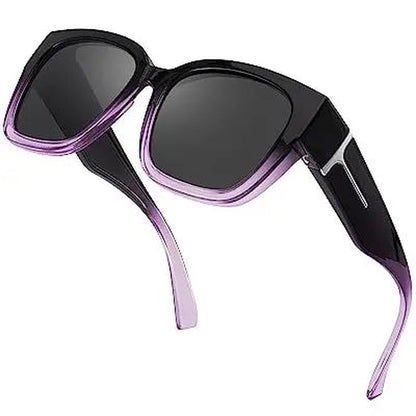 Pomence Fit-Over Sunglasses in the Dusk colorway, an oversized square frame built to sit over prescription glasses