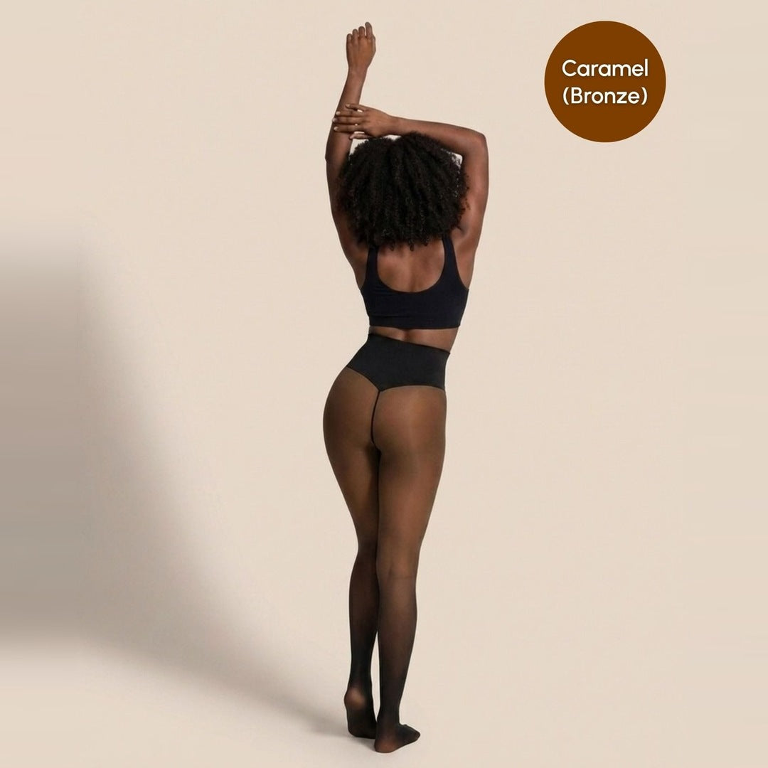 Sheer Illusion Fleece-Lined Tights. Sheer Illusion Fleece-Lined Tights, back view, Caramel (Bronze)