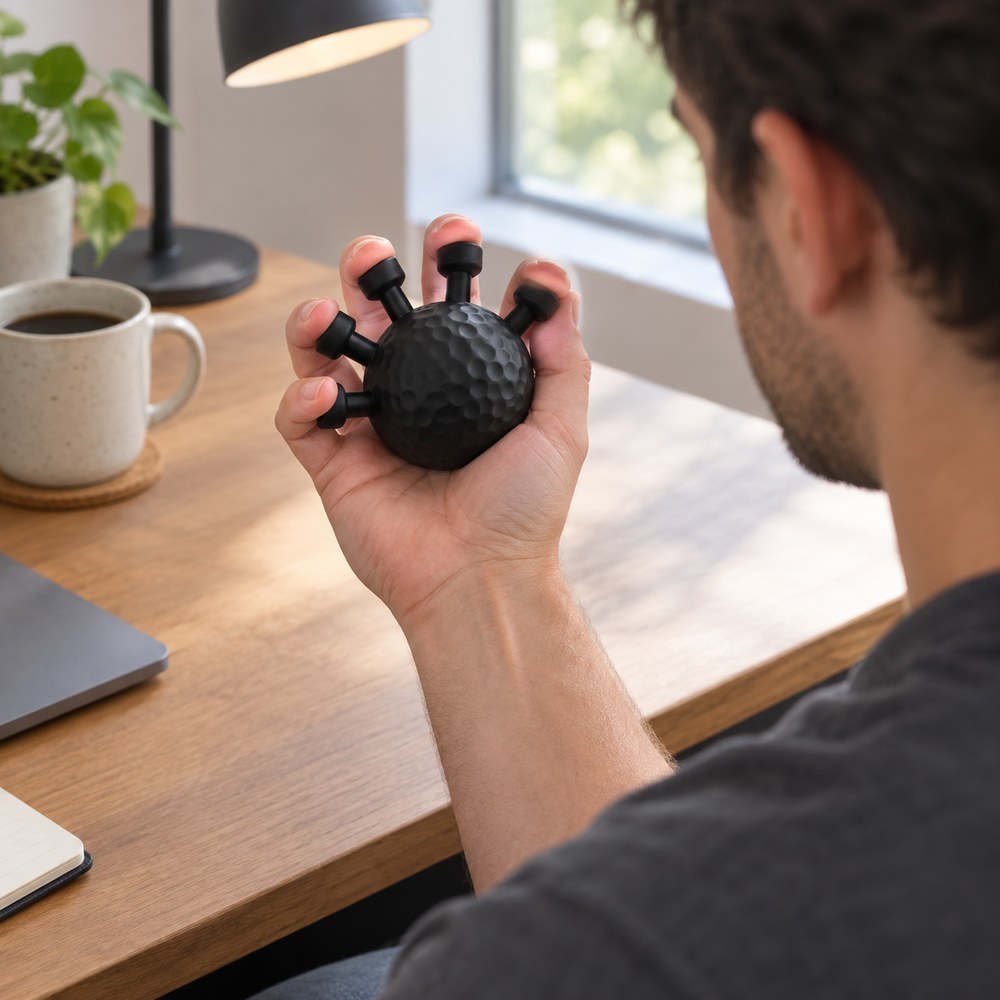Over the shoulder: a man at a desk using the matte black Pomence Forearm Grip Trainer Ball in one hand