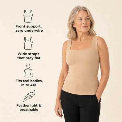 Pomence Front-Support Bra Tank in Beige on a woman, with front support and zero underwire, wide straps that stay flat, fits M to 4XL, featherlight and breathable