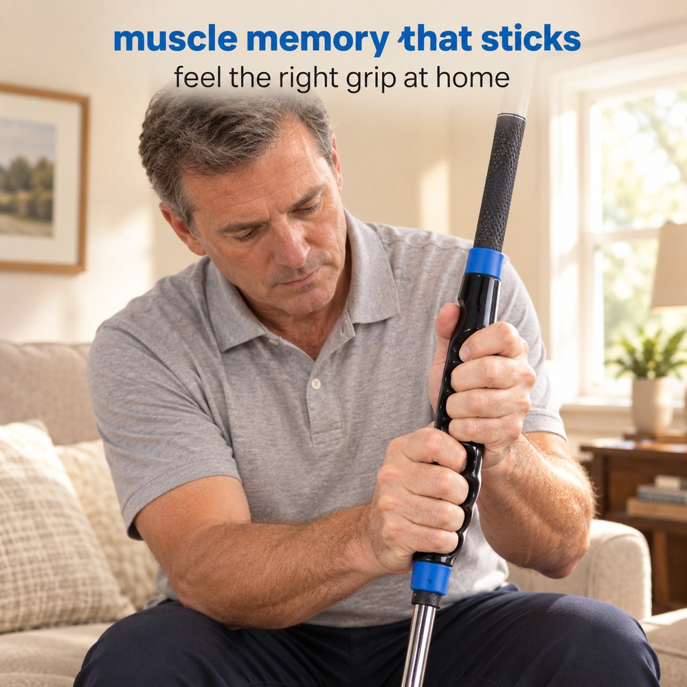 A golfer at home gripping an iron with the Pomence Golf Grip Trainer clipped onto the grip