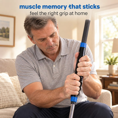A golfer at home gripping an iron with the Pomence Golf Grip Trainer clipped onto the grip