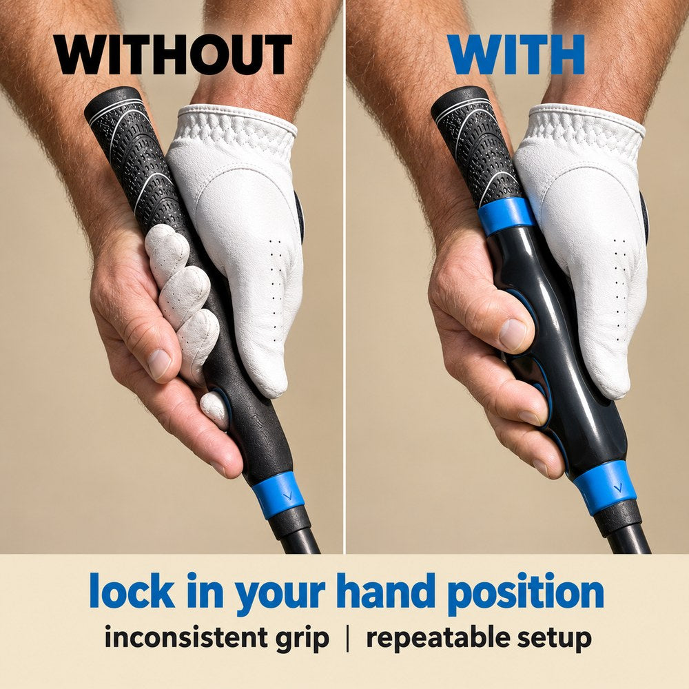 Hands on a golf club without the trainer beside the same hands seated in the molded channels with it