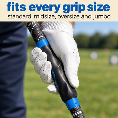 Macro view of the Pomence Golf Grip Trainer on a club grip, fingers seated in the molded channels