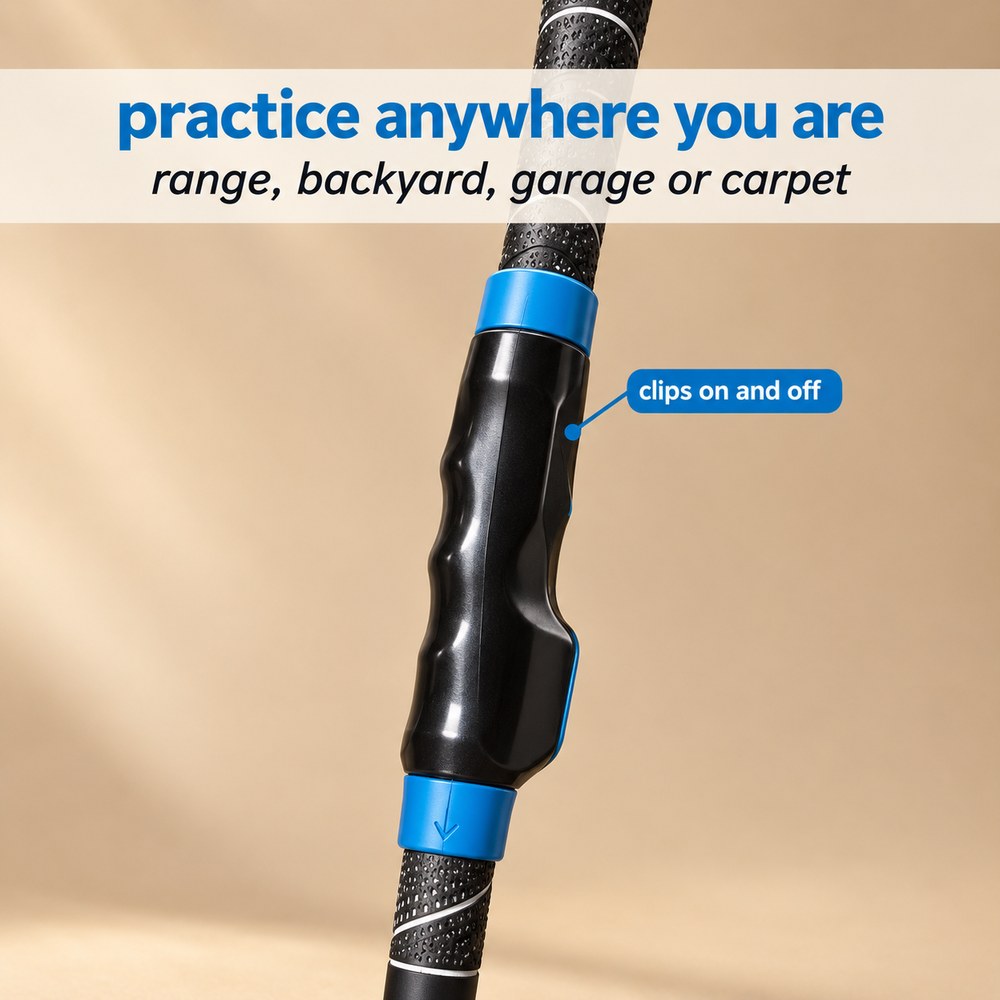 The Pomence Golf Grip Trainer clipped onto a golf club grip, shown upright for practice anywhere