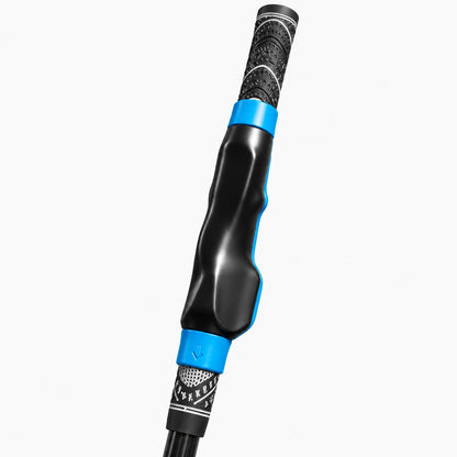 The Pomence Golf Grip Trainer in blue, clipped onto a golf club grip on a plain background