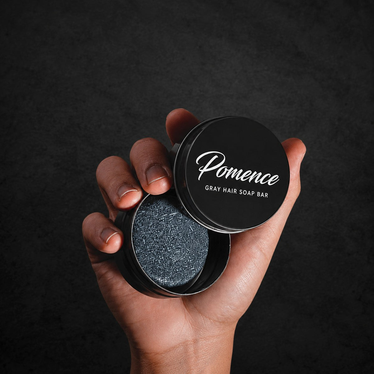 Pomence Gray Hair Soap Bar tin and bamboo charcoal bar, studio product shot