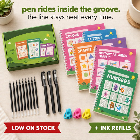 The Pomence Reusable Magic Groove Workbooks set laid out flat with the books, pens, ink refills and silicone finger grips