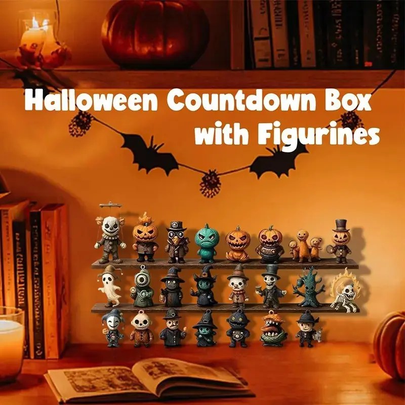 Halloween countdown box styled on a home bookshelf